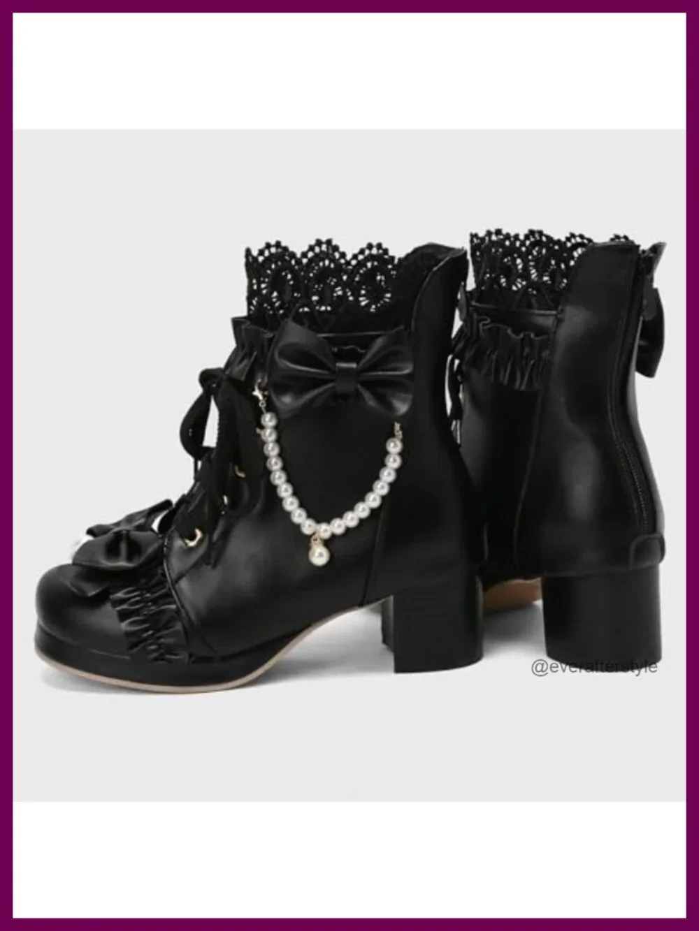 LUXMAX Lolita Ankle Boots Chunky Mid Heel Lace Up Bow